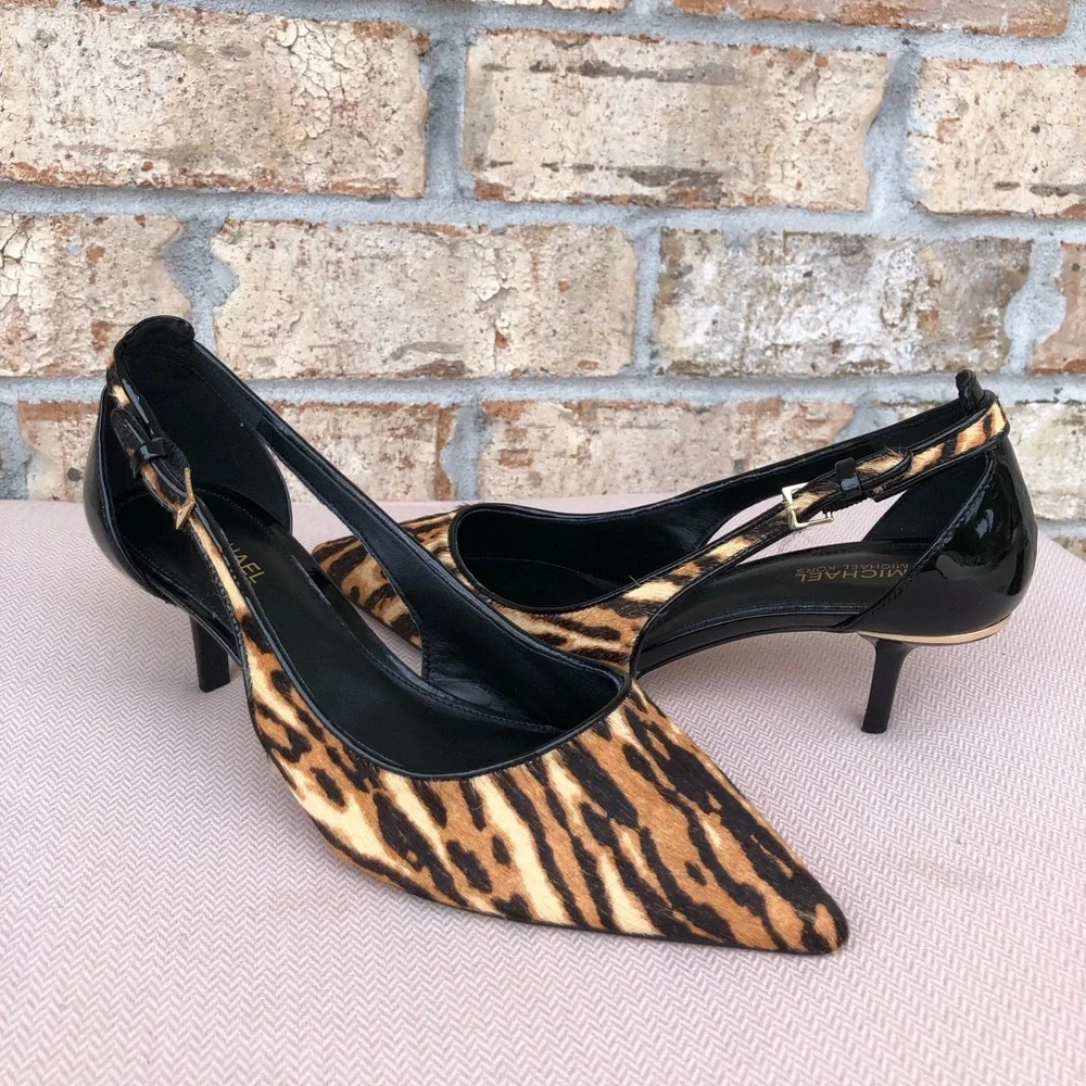 Michael Kors  Calf Hair Black Brown Tiger Print Slingback Mid Pump Heel Shoes 6M
